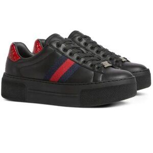 Gucci Ace Platform Sneakers Black Leather Web Stripe Croc Heel Women US 7